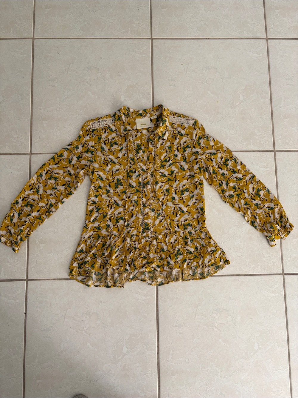 Maeve Mustard Floral Ruffle-Trim Button Blouse